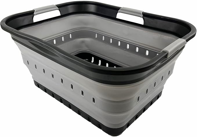 SAMMART 42L (11 gallon) Collapsible Plastic Laundry Basket - Foldable Pop Up Storage Container/Organizer - Space Saving Hamper/Basket (Black/Alloy Grey)