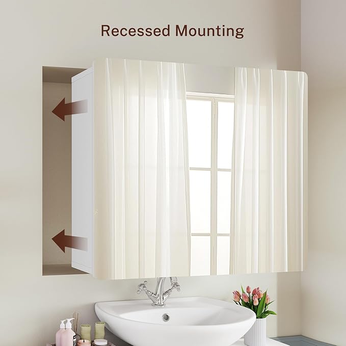 TEENFON Medicine Cabinet with 2 Mirror Doors, 2 Adjustable Shelves, Mount or Recessed Bathroom Medicine Cabinet, Medicine Cabinet Mirror for Bathroom, White, 27.6 x 22.1 inch
