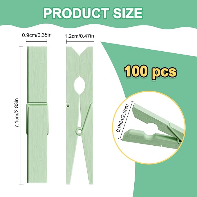 100Pcs Clothes Pins Wooden, 2.9 Inch Light Green Clothespins, Colorful Clothespins for Hanging Clothes Crafts Picture Pastel Laundry Clips Cheer