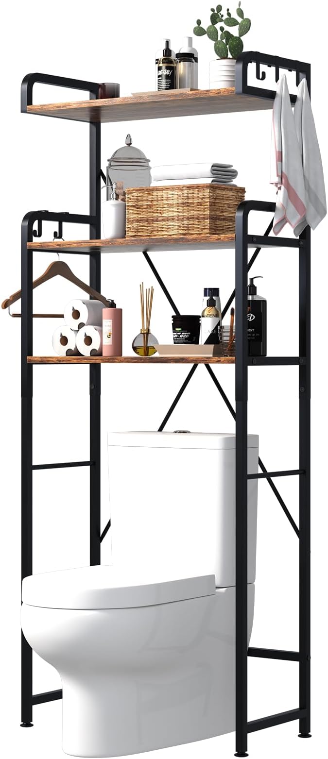 Over The Toilet Storage Rack with 3-Tier Bathroom Shelves, Space Saver Toilet Shelf, Bathroom Storage Organizer with Hooks for Over Toilet Storage and Shelf (Rustic Brown)