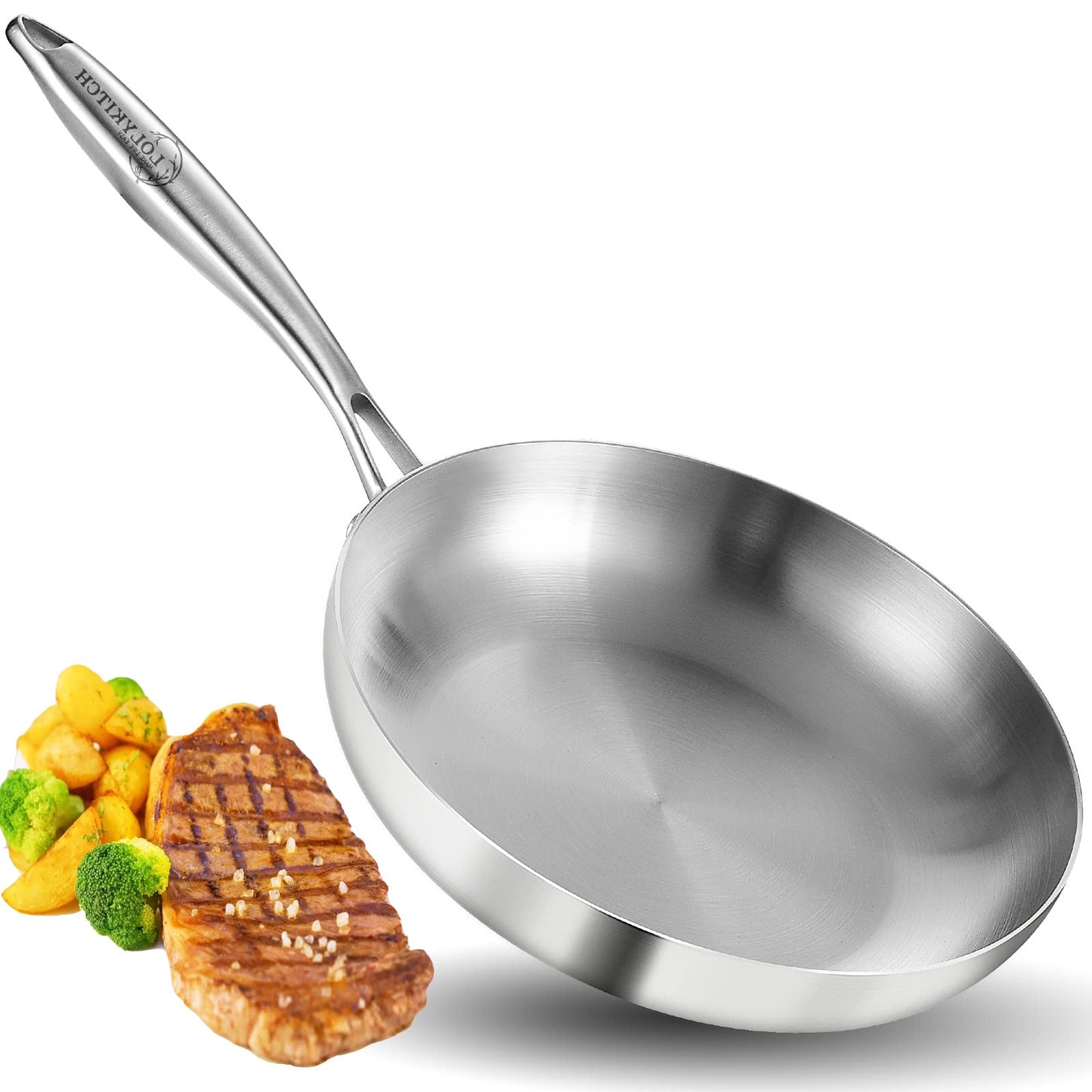LOLYKITCH 9.5 Inch Small Stainless Steel Pan | Tri-Ply | PFOA & PTFE Free