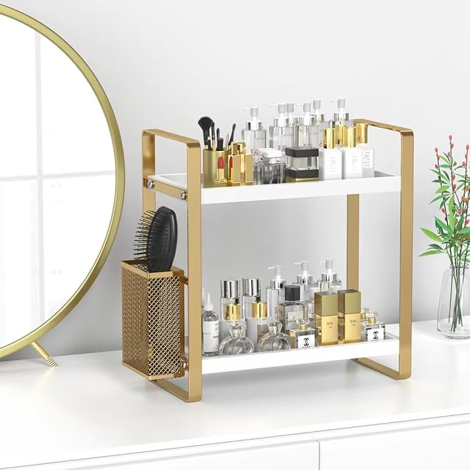LEMIKKLE Bathroom Counter Organizer with Basket, Perfume,Makeup Organizers for Vanity,Storage Organizers for Bathroom, Kitchen, Dresser（White）