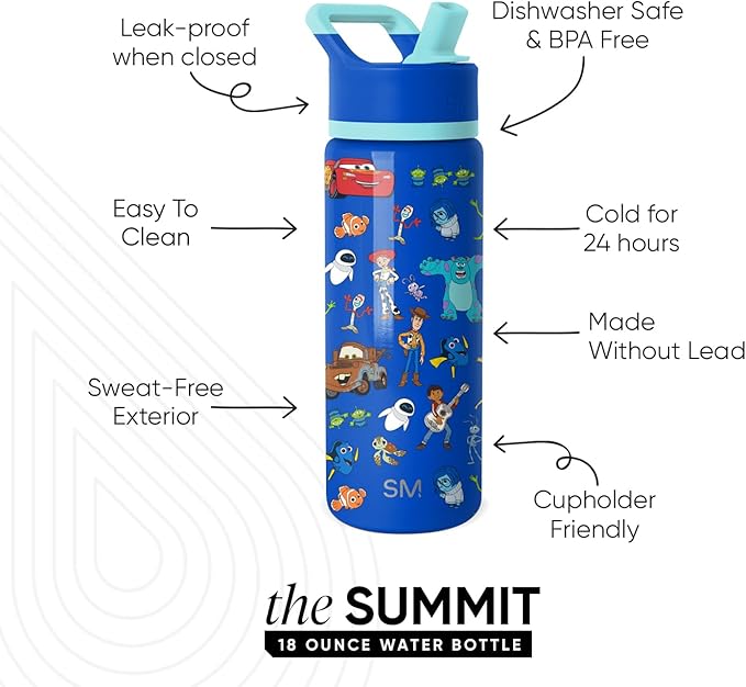 Simple Modern Kids Summit Water Bottle with Straw Lid | Disney Pixar 18oz Stainless Steel Cup Insulated Tumbler for Boys, Girls, School | Pixar Mashup on Blue