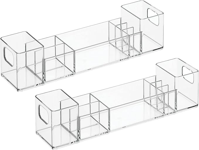 mDesign Plastic Bathroom Medicine Cabinet Organizer with Handles - Divided Vanity Storage Holder/Container for Cotton Swabs, Makeup, Bathroom Essentials/Toiletries, Lumiere Collection, 2 Pack - Clear