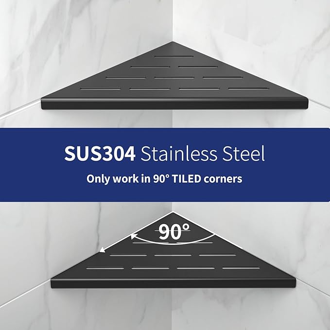 8'' Corner Shower Shelf 2PCS, 304 Stainless Steel Bathroom Shelves for Tiled Wall, Grout in Shelf Rack (8'', Black)