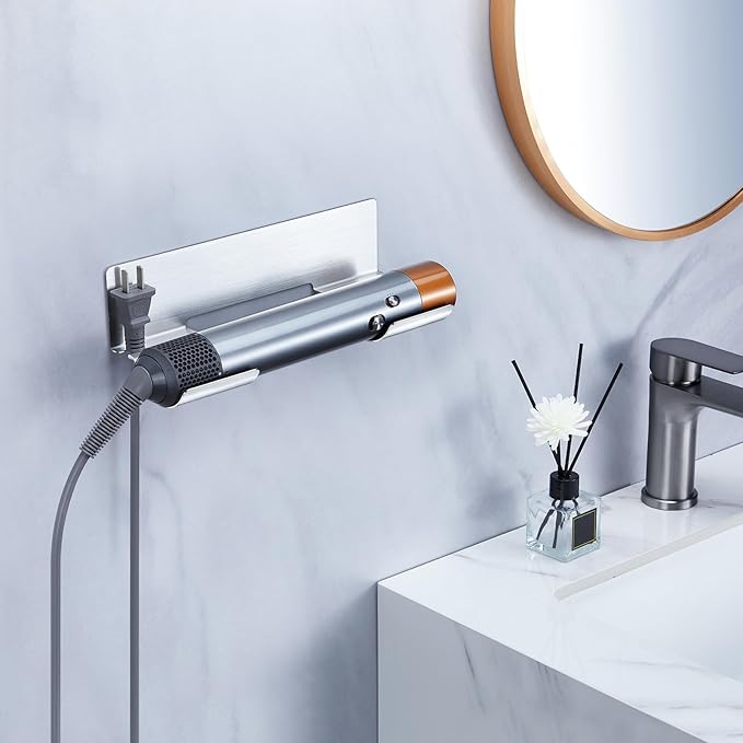 Hair Tool Organizer Wall Mount, Hair Dryer Holder for Curling Wands Accessories, Hair Straightener Holder, Styler Attachments Organizer, Adhesive Curling Iron Holder Storage, Stainless Steel