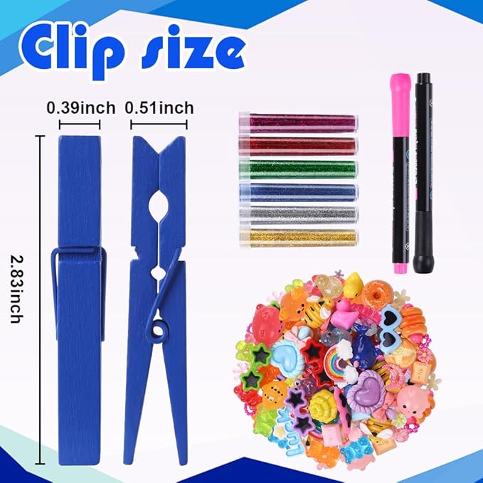 JOICEE 80 Set Cheer Pins Spirit Clips,80 Clothes Pins 126 Mini Resin Animals Bows Daisy and Stickers Pen Over 300 Beads Pearls for Cheerleading Backpacks Ribbon Team Classroom Cheer Gifts Bulk(Blue)