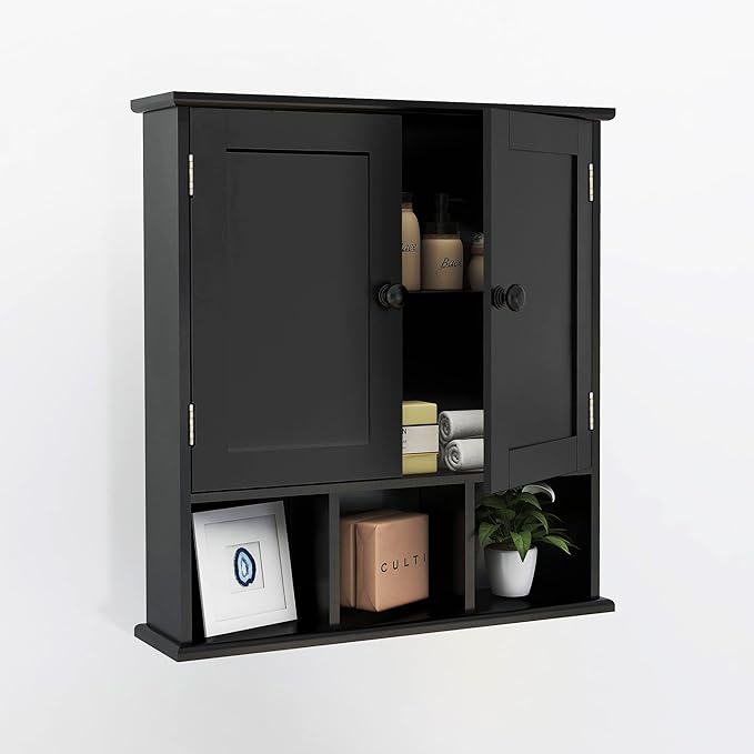 TaoHFE Black Bathroom Over The Toilet Storage Cabinet,Wall Medicine Cabinet Organizer with 2 Door Adjustable Shelves,Wooden Modern Bathroom Shelves Wall Mounted Laundry Room