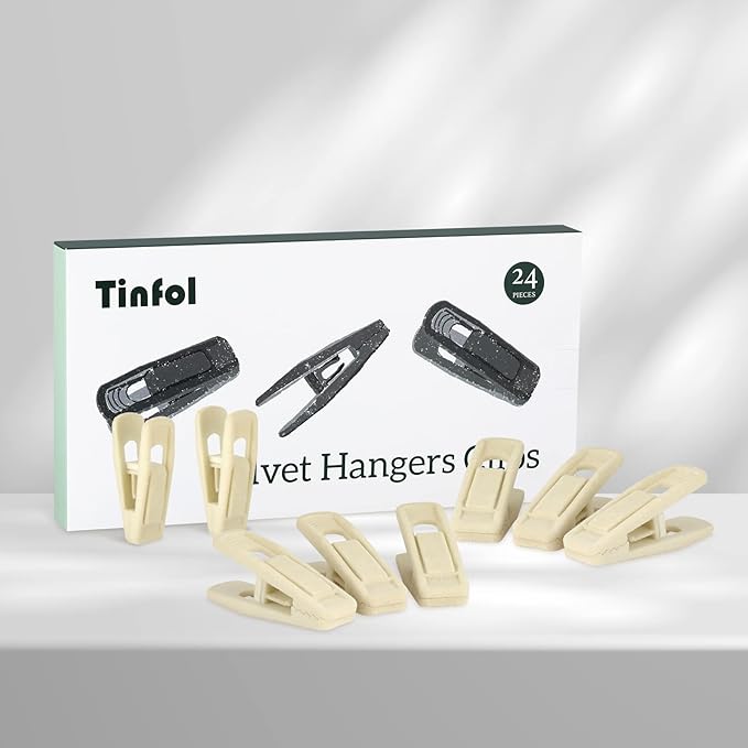 Tinfol Velvet Hanger Clips, 24 Pack Beige Pants Velvet Clips, Premium Large Opening Clothes Pin, Strong Finger Flocked Clip Perfect for Use with Slim-line Clothes Hangers