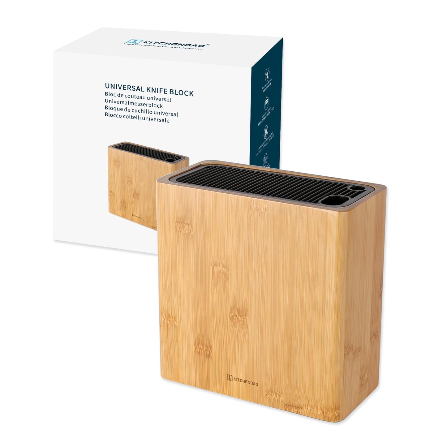 KITCHENDAO XL Acacia Wood Universal Knife Block with Slots for Scissors and Sharpening Rod, Safe, Space Saver Knives Storage Stand Display without Knives, Unique Slot Design to Protect Blade