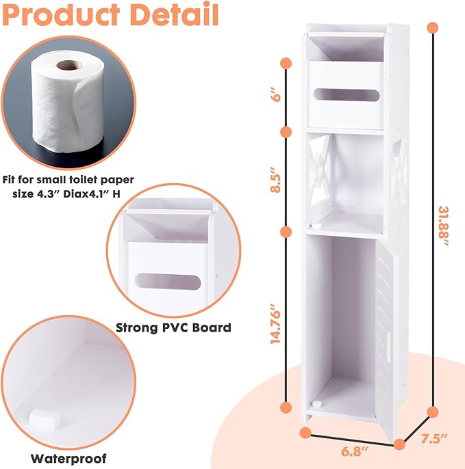 ShellKingdom Toilet Paper Holder Stand, Bathroom Storage Cabinet with Doors and Shelves, Slim Storage Cabinet for Bathroom Small Spaces Corner Floor Organizer - (White)