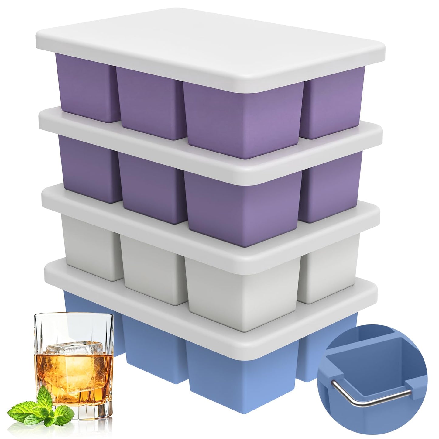 Mossime Large Silicone Ice Cube Trays with Lids, 2 Pack, Makes 2-Inch Cubes