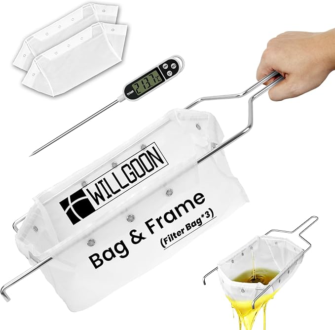 3 Pcs Deep Fryer Filter Bag & Frame Set, Reusable Oil Strainer Compatible with 40L/60L Deep Fryers, Fine Mesh to Capture Crumbs, Durable for Home & Commercial Use, with 1 Professional Food Thermometer