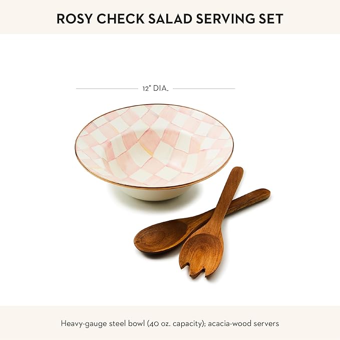 MACKENZIE-CHILDS Enamel Salad Serving Set, Pink-and-White Rosy Check