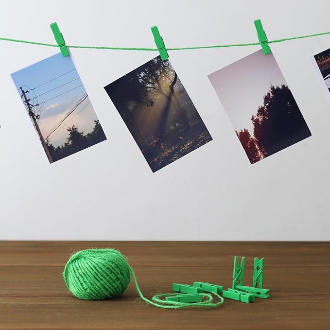 HSTECH 100 Pcs Green Mini Natural Wooden Clothespins and 82 Ft Jute Twine, Baby Clothes Pins, 1.38in Craft Photo Clips for Home School Arts Crafts Decor, DIY Decoration's, Arts and Crafts, Weddings