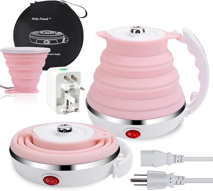 Upgrade Dual Voltage Travel Kettle 110-220V, Food Grade Silicone, Pink