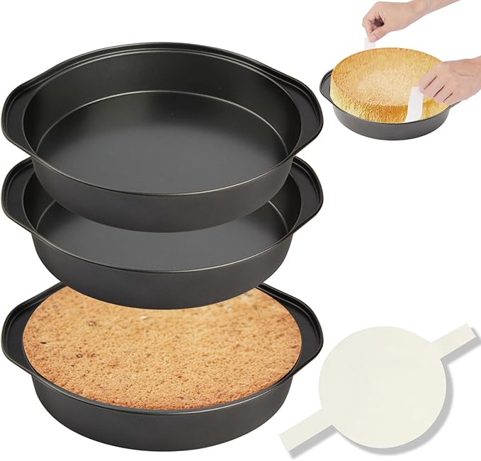 tutikuki 6 Inch Cake Pan - 3PCS Nonstick Round Cake Pans with 100 PCS Parchment Paper, Carbon Steel Smash Cake Baking Pans with Handle, Dishwasher Safe