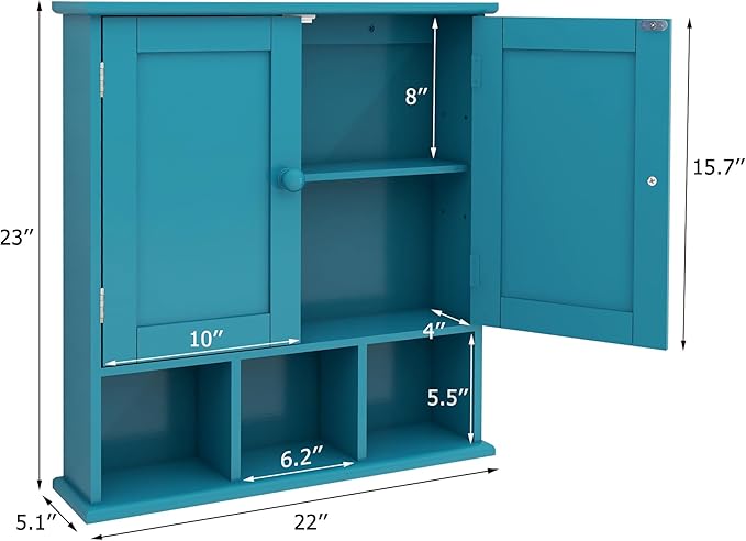 TaoHFE Turquoise Bathroom Cabinet,Bathroom Wall Cabinet with 2 Door Adjustable Shelves,Over The Toilet Storage Cabinet,Blue Bathrooms Cabinet Wall Mounted,Medicine Cabinets for Laundry
