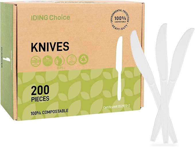 IDING Choice 100% Compostable 200 Count No Plastic Spoons, Plastic Utensils, The Heavyweight Heavy Duty Flatware is Eco-Friendly Products for Lounge Party Wedding Office BBQ Picnic Camping.
