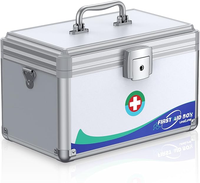 Uniclife Medicine Lock Box First Aid Box with Key Lock, Handle & Shoulder Strap Portable Medication Lockable Kit Metal Lockable Medicine Storage Security Lock Boxs for Medications, 12" x 7" x 7.5"