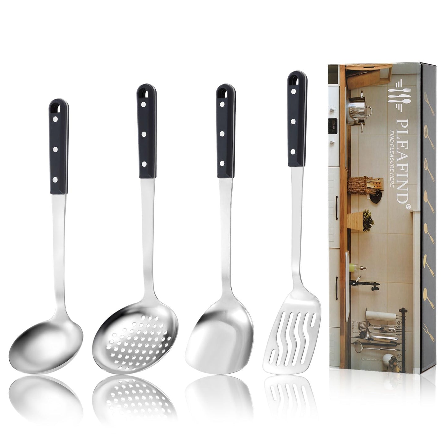 Pleafind Cooking Utensils Set - 4 Pcs Stainless Steel Kitchen Utensils Set with Solid Turner, Slotted Turner, Serving Ladle, Slotted Spoon, Wok Utensils Set with Heat Resistant Handle, Dishwasher Safe