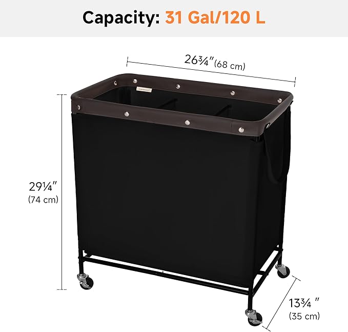 StorageWorks 3 Section Laundry Hamper, Rolling Laundry Cart with Wheels and Handles, Laundry Room Double Sorter for Organizer and Storage, 31.7 Gal(120L), Black