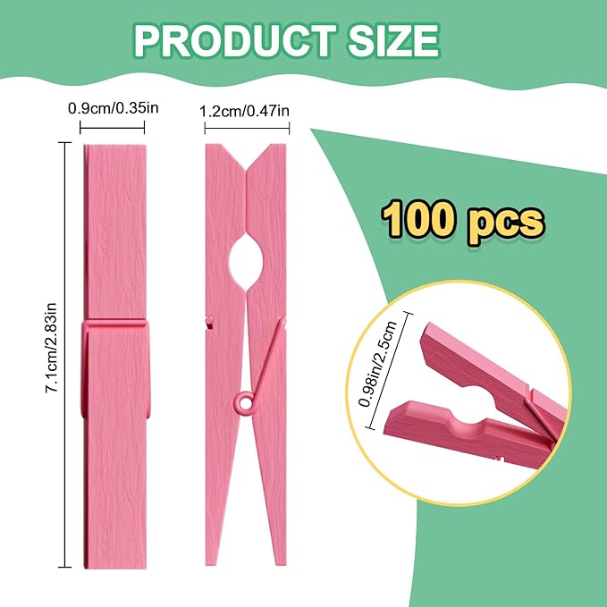 100Pcs Pink Clothespins, 2.9 Inch Clothes Pins Wooden, Colorful Clothespins for Hanging Clothes Crafts Picture Laundry Clips Cheer