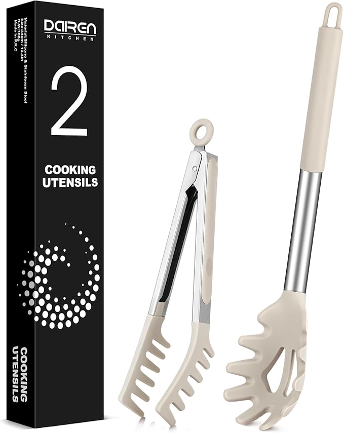 Silicone Spaghetti Spoon and Pasta Tong, Server Fork with teeth,10" & 13"