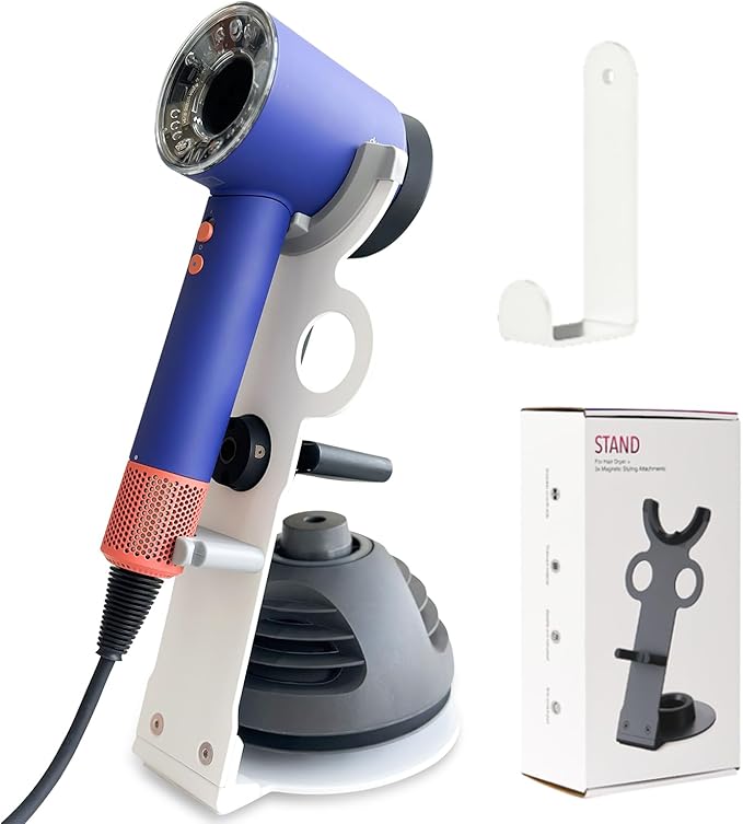 Hair Dryer Holder Stand for Dyson Hair Dryer, Upgraded Dyson Hair Dryer Holder Dyson Hair Dryer Stand White to Store 5 Dyson Hair Dryer Attachments with Cable Hook