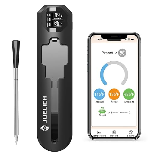 JUELICH Smart Wireless Meat Thermometer with Ultra-Thin Probe, 820FT Unlimited Range Bluetooth Meat Thermometer, Digital Food Thermometer for Remote Monitoring of BBQ Grill, Oven, Air Fryer