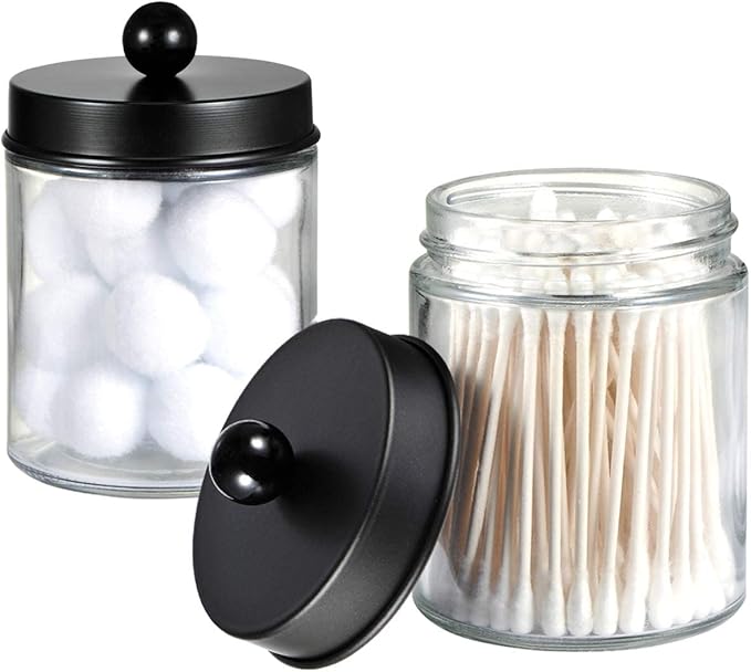 Amolliar 4 Pack Apothecary Jars Bathroom Vanity Storage Organizer Set -Countertop Canister with Stainless Steel Lids &Cute Stickers - Qtip Dispenser Holder for Qtips,Cotton Swabs,Makeup Sponges(Black)