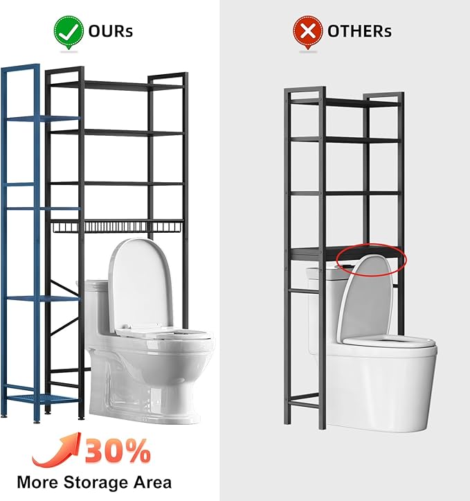 8-Tier Over The Toilet Storage with Side Rack, Over Toilet Storage Rack with Adjustable Shelf & Drain Basket, Freestanding Bathroom Organizer for Balcony, Laundry (Pure Black)