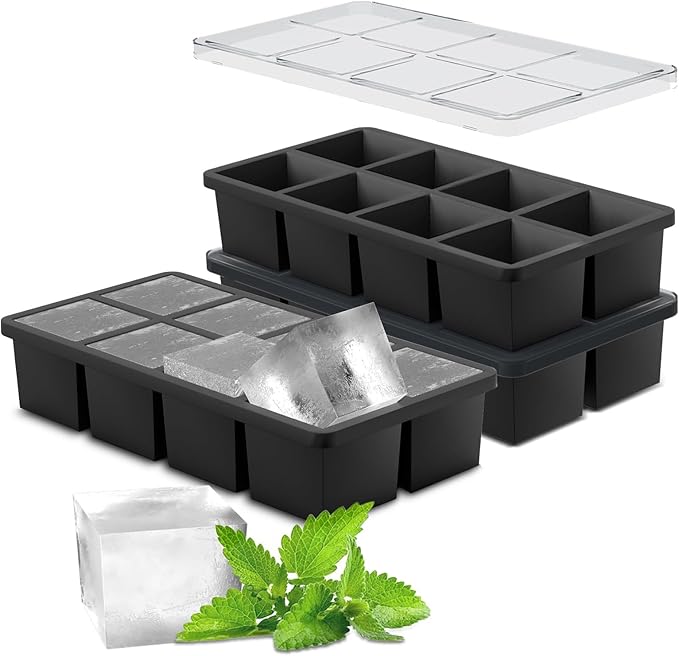 Samuelworld Large Silicone Ice Cube Tray Molds, Big 2 Inch Cubes 3 Pack- Food Grade, Flexible, 8 Cavity Easy Release Slow Melting Ice for Whiskey, Cocktails, Gifts & Christmas - Black (Ice Bag)