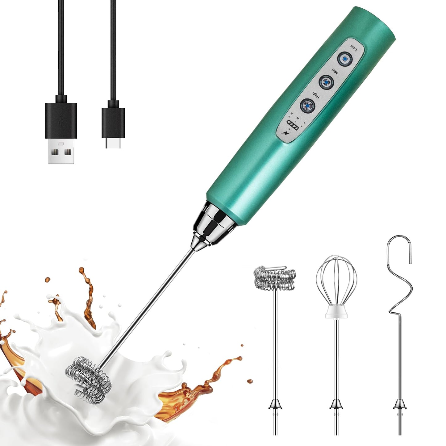 YUSWKO Handheld Milk Frother Wand for Coffee, Rechargeable Electric Whisk with 3 Heads 3 Speeds Drink Mixer Coffee Frother For Latte, Cappuccino, Hot Chocolate, Egg, Beige