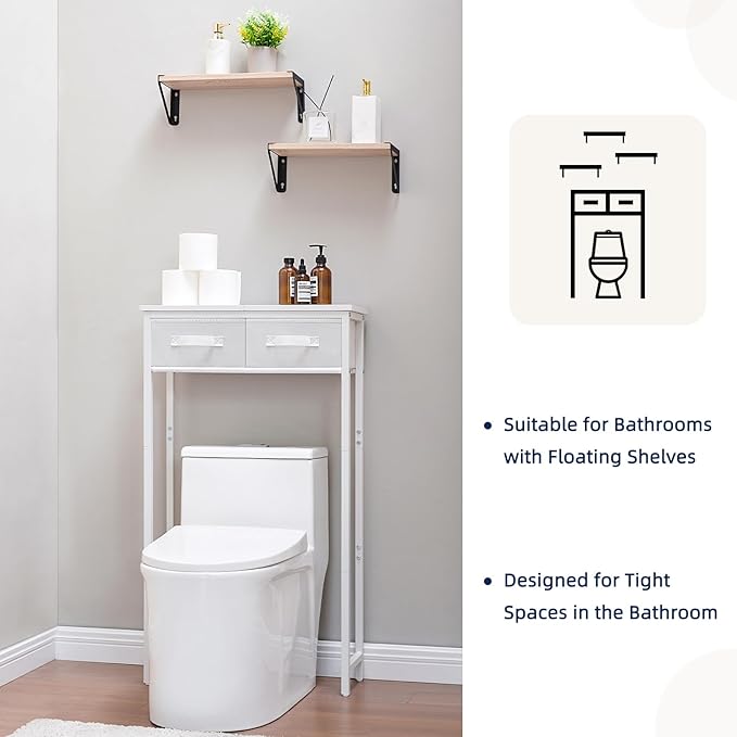 MOHOPE 2-Tier Over The Toilet Storage with 2 Fabric Drawers, Freestanding Above The Toilet Storage Cabinet, Space Saver Metal Over Toilet Bathroom Organizer Shelf for Small Space, White