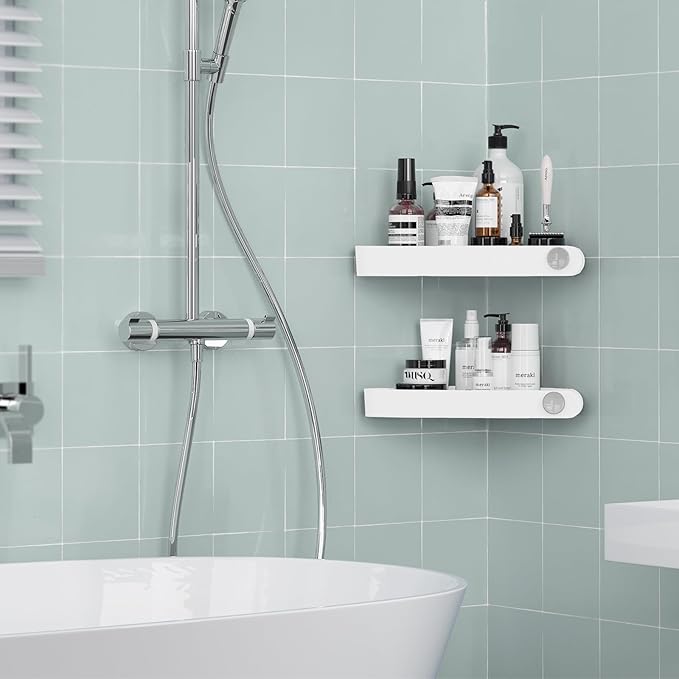 Sotfamily Plastic Shower Caddy Corner (For 90° Only), 2 Pack Adhesive Corner Shower Shelves for Bathroom Organizers and Storage, White