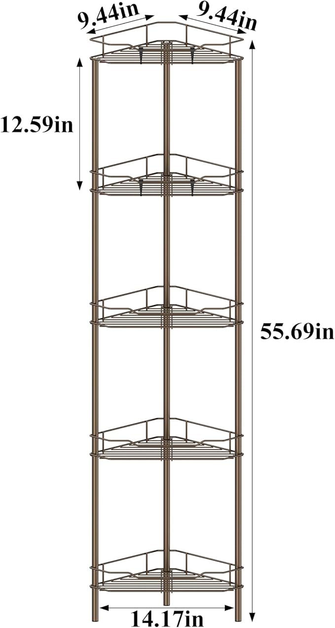 5 Tier Floor Standing Corner Shower Caddy Organizer Shelf with Hooks, Bathroom Shelves Stand Rack, Bronze