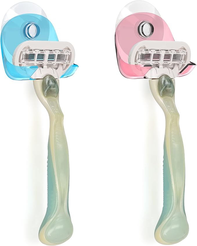 kwmobile 2x Razor Holder with Suction Cup - Self-Adhesive Shaver Wall Mount - Bathroom Organizer for Glass and Tiles - Red/Light Blue/Transparent