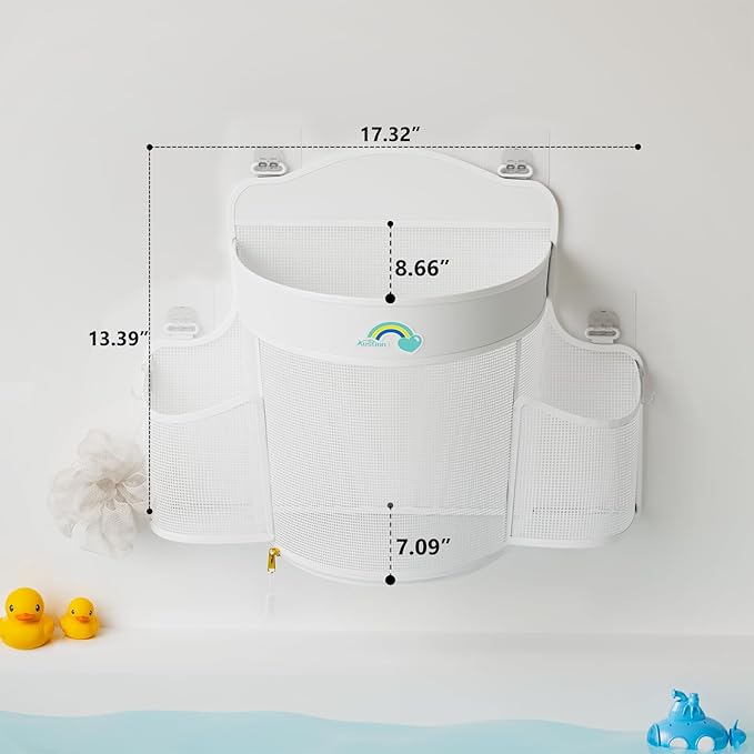 Hanging Bath Toy Storage - Large Opening Quick Dry Mesh Bath Toy Holder with 2 Side Pockets and Bottom Zipper, Space-Saving Bath Toy Organizer for Kids Bathtubs - White