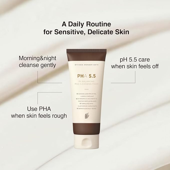 PH Balancing PHA Cleansing Foam - Korean Face Wash for Sensitive Skin, Gentle Hydrating Facial Cleanser, Exfoliating Skin care, 4.4 Fl Oz (130ml)