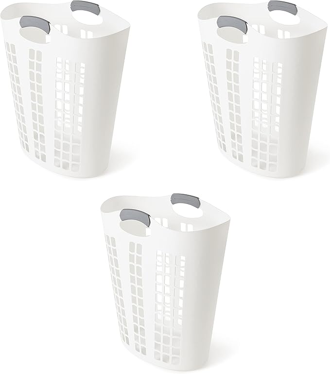 Gracious Living Easy Carry Flex Hamper, Large 87.5 Liter Lightweight Plastic Ventilated Laundry Basket Clothes Bin with Handles, White 3 Pack