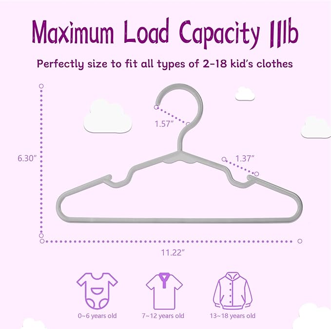 Baby Hangers for Closet 100 Pack Light Gray Plastic Kids Children's Clothes Hangers Non-Slip (Light Gray, 100)
