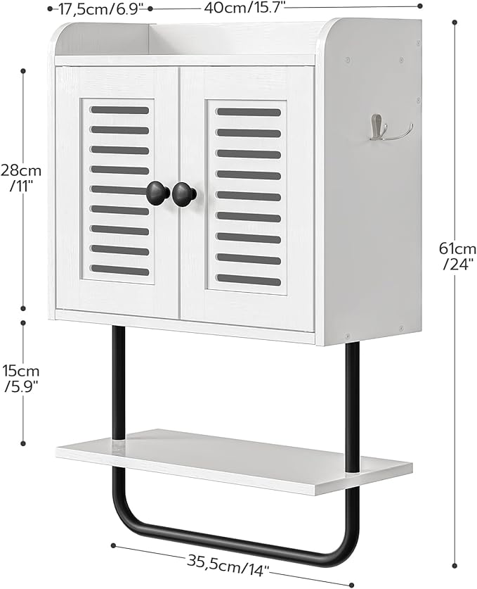 HOOBRO Medicine Cabinet, Double Doors Bathroom Wall Cabinet with Towel Bar, Adjustable Shelf, 2 Hooks, Over The Toilet Storage Cabinet, for Bedroom, Kitchen, White BW46CW01