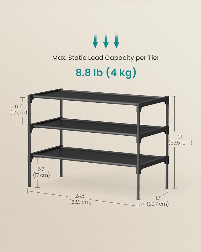 SONGMICS Shoe Rack, 3-Tier Shoe Storage Organizer, Space-Saving, 11.7 x 24.5 x 21 Inches, Entryway, Metal Frame, Non-Woven Fabric Shelves, Ink Black ULSH023BH01