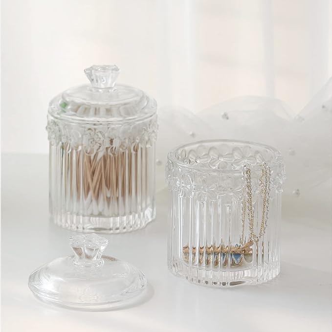 rejomiik 2 Pack Qtip Holder Glass Apothecary Jars with Lids Bathroom Accessories Vanity Organizers and Makeup Storage Canister for Cotton Swabs, Balls, Pads, Floss Picks, Candy, Clear