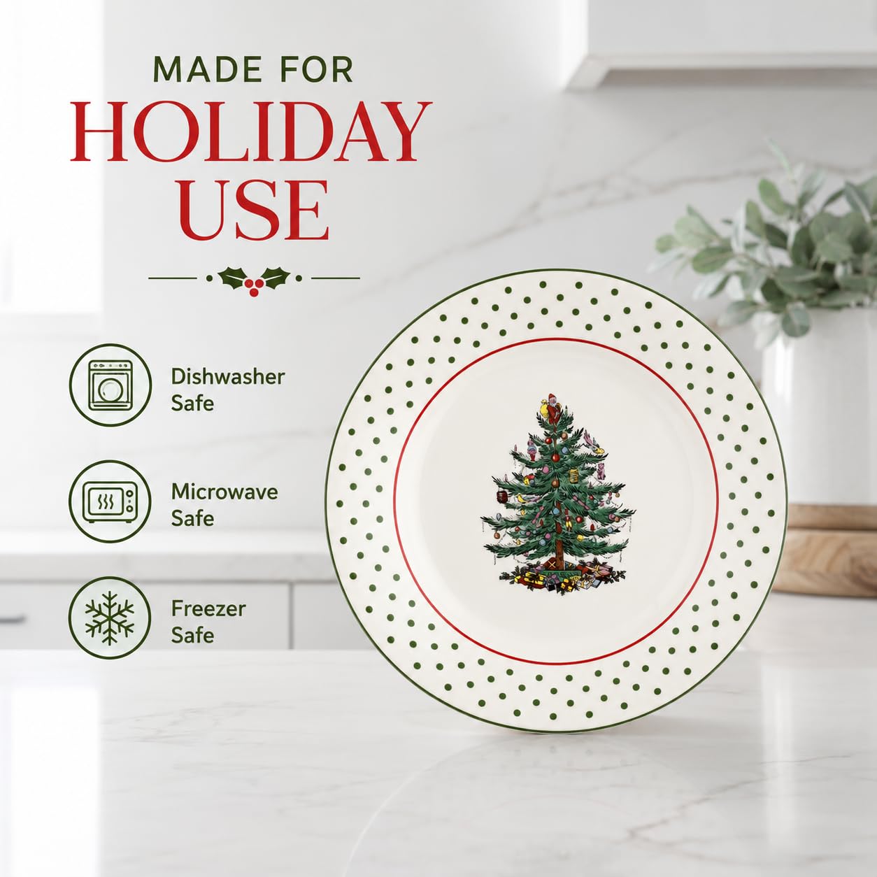 Spode Christmas Tree Polka Dot Dessert Plate (Set of 4) - Festive 8-Inch Stoneware Plates for Holiday Entertaining, Appetizers, Snacks - Microwave, Dishwasher, Freezer Safe Party Appetizer Dishes