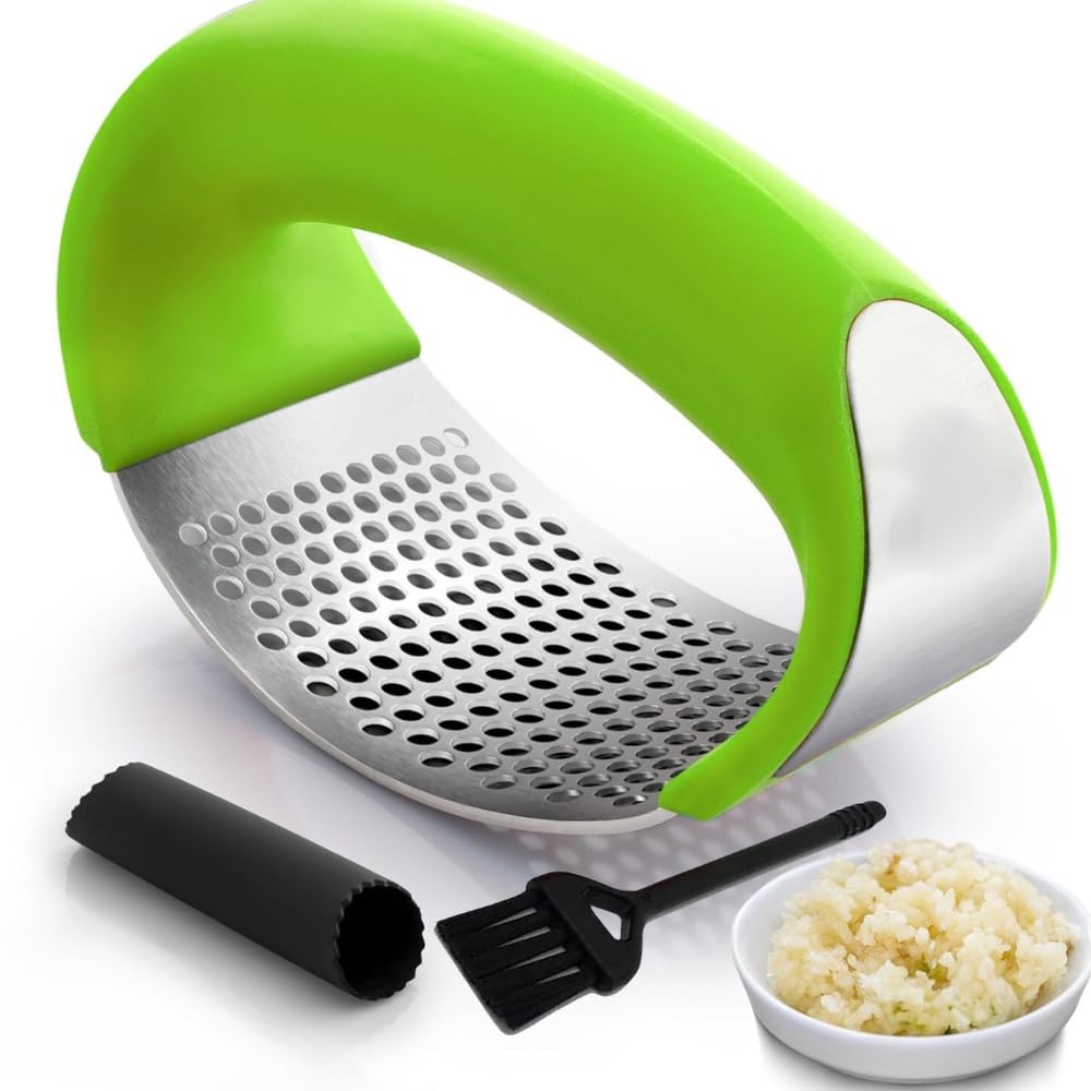 Angel's Peel Lounge Stainless Steel Garlic Press Rocker Set with Silicone Garlic Peeler & Cleaning Brush – Garlic Chopper, Mincer, Grater, Crusher – Easy for Crushed Cloves – Rust-Resistant, Green