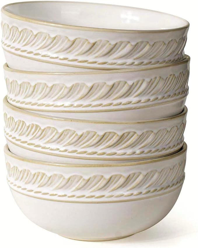 Artena Small Bowls Set of 4, 12 oz Ceramic Embossment Dessert Bowls, white Bowl for Kitchen, Ice Cream, Side Dishes, Rice, Cereal, Fruit, 4.5 Inch, Microwave & Dishwasher Safe, Wheat Leaf