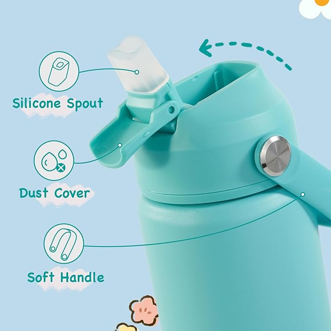 Kerilyn 12oz Kids Water Bottle 2 Pack, Stainless Steel Insulated Water Bottle Bulk, Toddler Cups with Straws Leak-Proof, Kids Water Bottles for School Boys Girls, BPA Free, Blue+Green 2 Piece Set