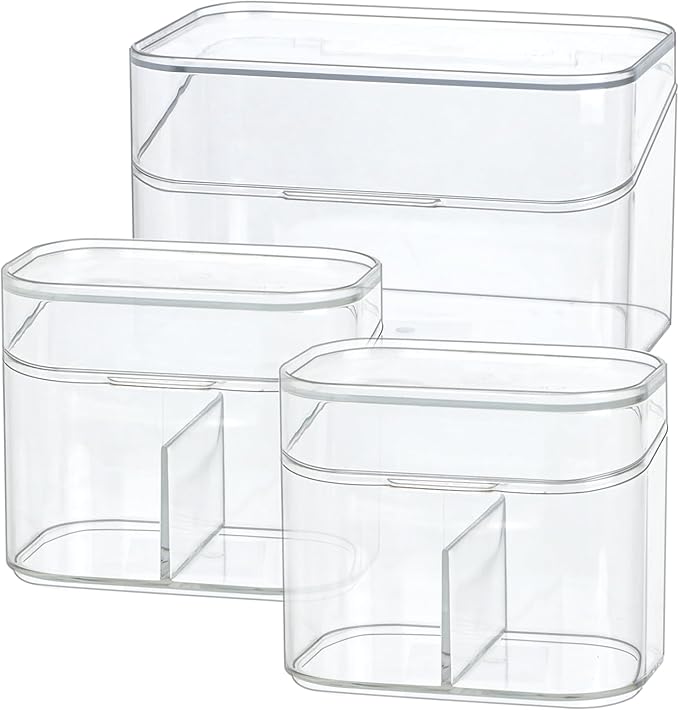 Clear Bathroom Organizer, 2-Size Essentials Set for Hail Accessories & Beauty Supplies,Cotton Swabs,Balls,Pads - Small Clear Plastic Canister Apothecary Jar Set, Vanity Makeup Storage Organizer (L+2S)